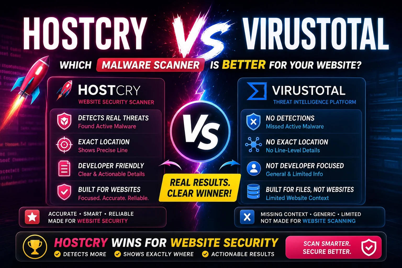 While VirusTotal reports 0/92 detections and focuses only on URL reputation, HostCry detects the active crypto miner with exact line-level mapping, security scoring, and server auditing.